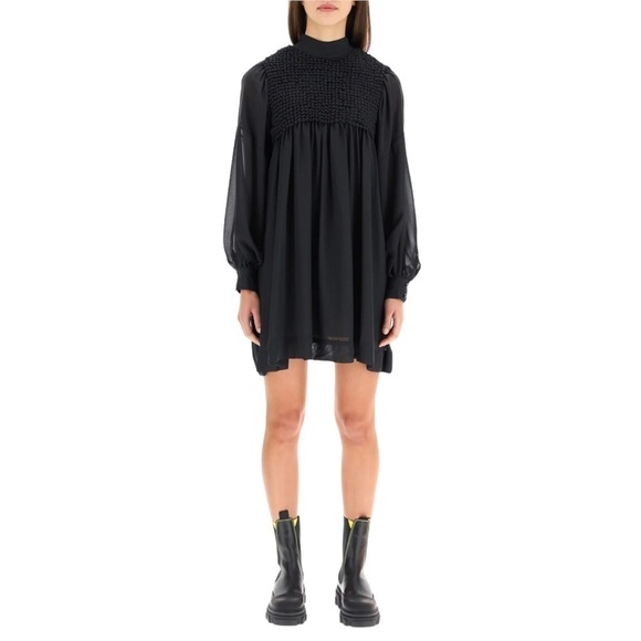 NWT Ganni Smocked Bib long sleeve chiffon minidress size 38 (US 4) - Picture 1 of 16